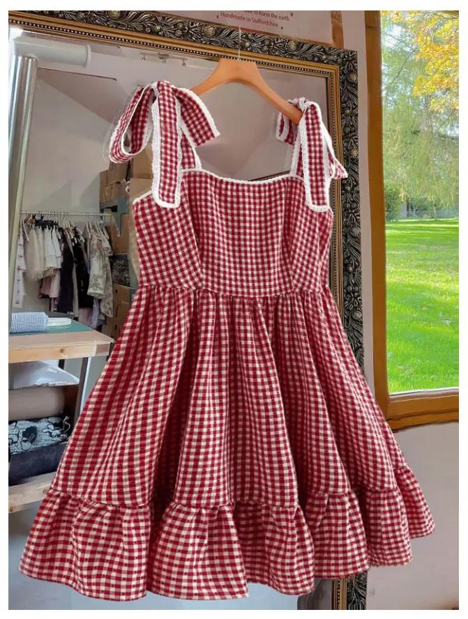 Plus Size Women Square Neck Lace Trim Patchwork Red Textured Plaid Tie Strap Cute Cami Dress, Suitable For Commuting, Daily, Regular Dress, Suitable For Daily Wear,
