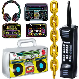 26PCS 80s 90s Party Decorations, Inflatable Radio, Phone, Gold Foil Chain, Cassette & Props