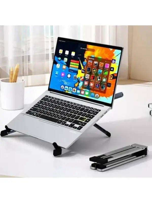 MUNBYN Adjustable Laptop Stand with Smart Rebound Bracket – 6 Height Levels, Foldable Aluminum Riser for 10–17.3” Laptops | Portable, Non-Slip, Durable for MacBook, Dell, HP Use, Stable Mount Laptop Stands & Trays, Adjustable Metal Laptop Stands & Trays