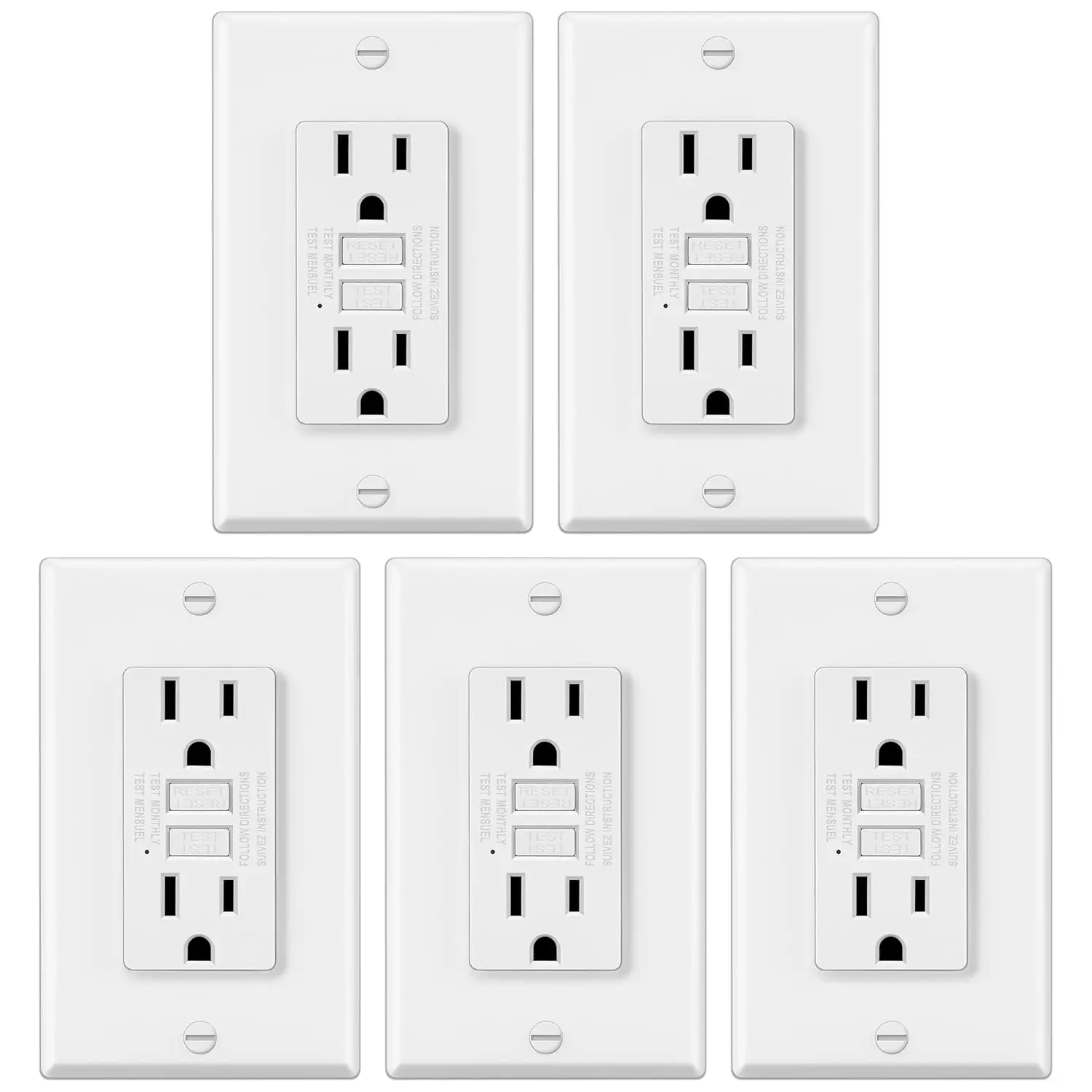 5 Pack GFCI Outlets 15 Amp, Non-Tamper Resistant, Decor GFI Receptacles with LED , Ground Fault Circuit Interrupter, Wallplate Included, ETL Listed, White