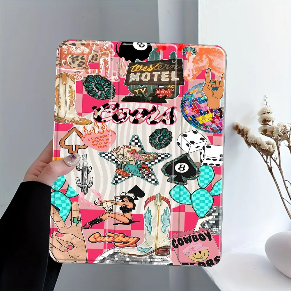 Cowgirl Western Collage Tablet Case with Stand, Auto Wake/Sleep Folio Cover for iPad, Protective TPU Back, Fits iPad 7.9/8.3/10.2/10.5/10.9/11/12.9 13 inch,Pink Checker Disco Print for Cowgirl Fans
