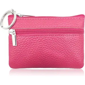 Women's Leather Small Coin Purse Pouch with Keychain Zipper, Mini Card Holder Case(Fuchsia)