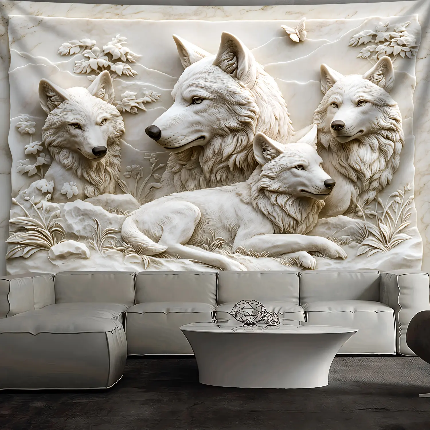 1 Piece Extra Large 3D Wolf Pack Animal Tapestry - Synthetic Polyester Stone Sculpture Effect Wall Hanging, Easy-Install Indoors Decor for Living Room, Bedroom, No Power Required