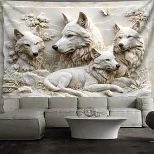 1 piece, Extra Large 3D Wolf Pack Tapestry - Stone Sculpture Effect, Polyester Wall Hanging, Suitable for Living Room, Bedroom, Office Decoration - Easy to Install, No Power Required