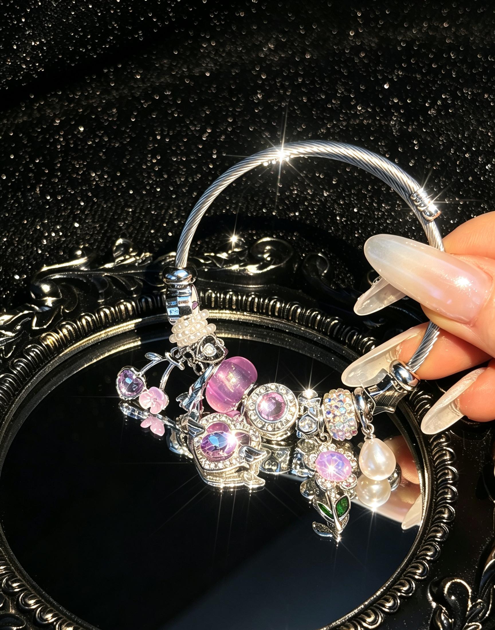 Women's Silver-Tone Open Cuff Bangle Bracelet - Dreamy Pink-Purple Crystal, Flower, Heart, Pearl Charms - Stackable Costume Jewelry Gift Women's Silver-Tone Open Cuff Bangle Bracelet - Dreamy Pink-Purple Crystal, Flower, Heart, Pearl Charms - Stackable Costume Jewelry Gift