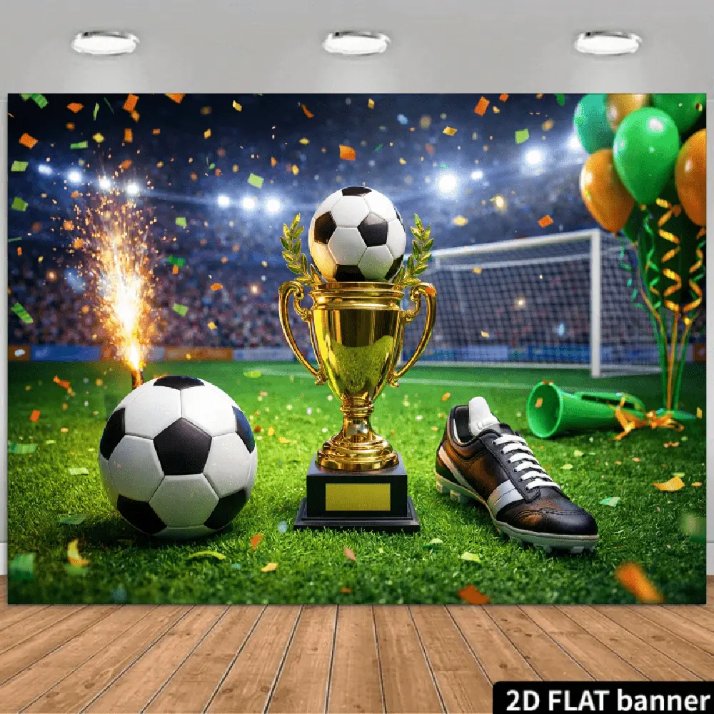 2D Flat Polyester Backdrop Set - HD Digitally Printed Sports Soccer Field Stadium Theme Decoration Banner with Balls, Trophy, Party Decor Supplies, All Seasons Soccer Decorations for Party, Birthday Photo Booths