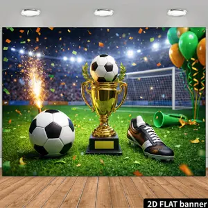 2D Flat Banner Polyester Photography Backdrop, HD Digitally Printed Soccer Field Stadium Theme Background Cloth with Trophy and Balls for Sports Event Party Decor, Birthday Celebrations, Photo Booths, Video Studio, and Portrait Ph