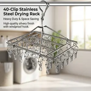 40-Clip Stainless Steel Hanging Drying Rack, Heavy Duty & Windproof with Space-Saving Design, Rust-Resistant Clips for Socks, Underwear & Small Laundry