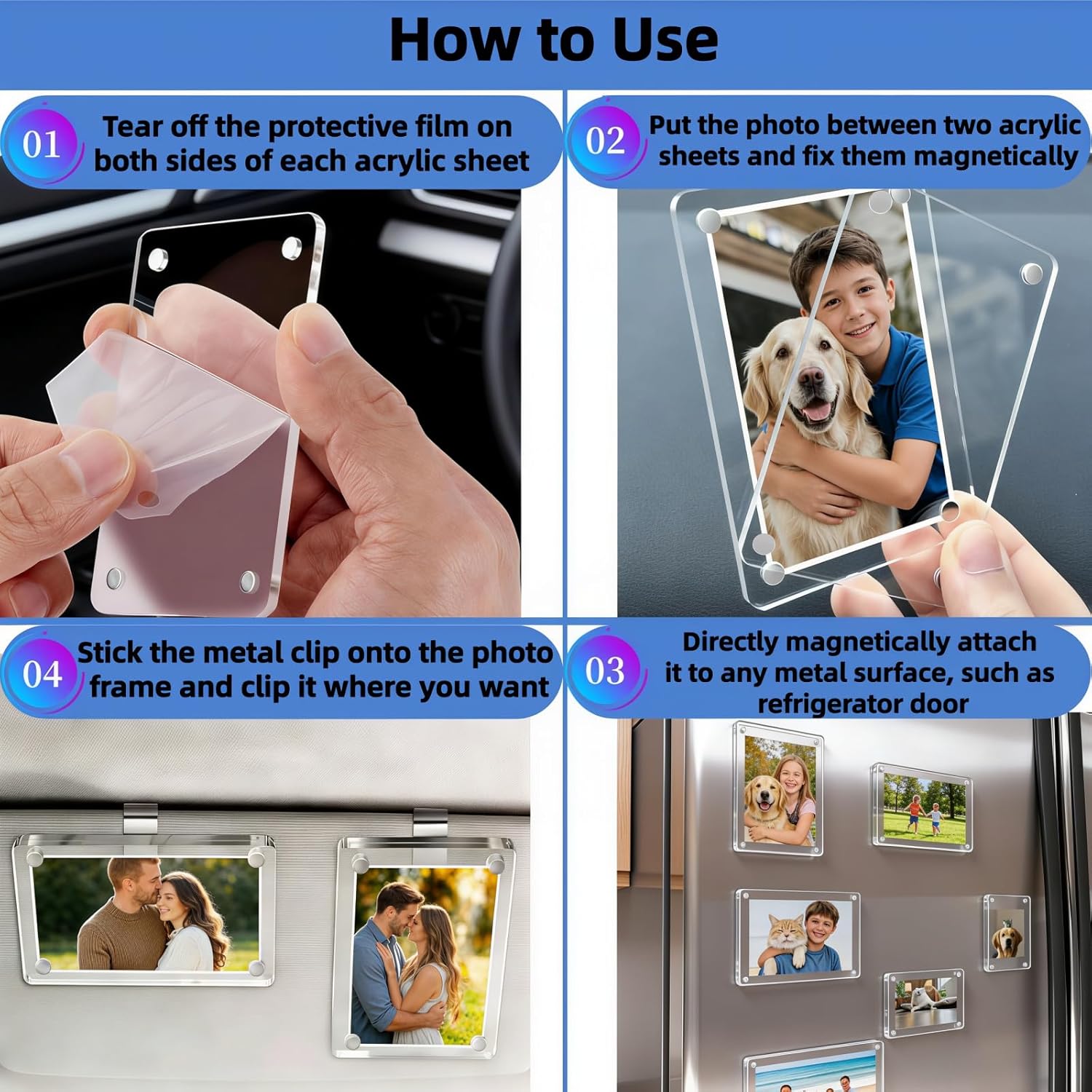 2Packs Car Picture Holder for Sun Visor, Clear Acrylic Magnet Car Visor Photo Clip, 2.36"x3.5" Picture Frame, Horizontal & Vertical Personalized Photo Display for Car Decorations Gifts