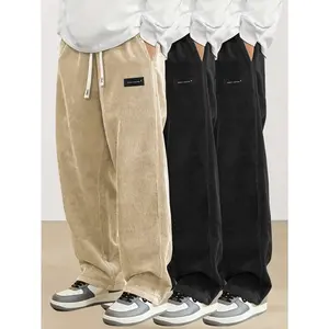 Men's 3-piece corduroy wide leg casual pants Autumn and winter loose drawstring straight tube retro casual pants three piece set Three piece set of multi-color textured high waisted hanging light core velvet pants