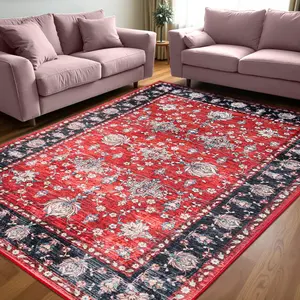 Red/Black Washable Faux Wool Throw Area Rug for Living Room, 0.3 in Non Slip Low Pile Vintage Boho Carpet for Ding Room, Home Office, Bedroom, Kids Room, Bedside, 4x6, 5x7, 6x9, 8x10, 9x12 Feet