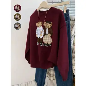 Couple Bear Embroidered Round Neck Long Sleeve Casual Knitted Hoodie, Loose Cartoon Pattern, Autumn/Winter Fashion, Knitted Fabric