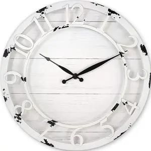 & Co 13" Farmhouse Series Wall Clock, Quartz Movement, Shiplap Style, Raised 3D Arabic Numeral, Antique Distressed White