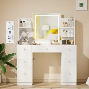 VOWNER Modern Makeup Vanity Table Set with Glass top Lighted Mirror & 7 Drawers and Power Strip