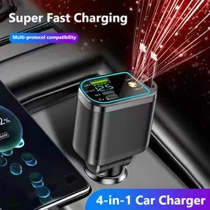 TIISIFANG 4-in-1 Retractable Car Charger 120W Super Fast Charging with Type-C Cable, Double USB Ports, Star Light, and 180° Flexible Adjustment for iPhone & Galaxy