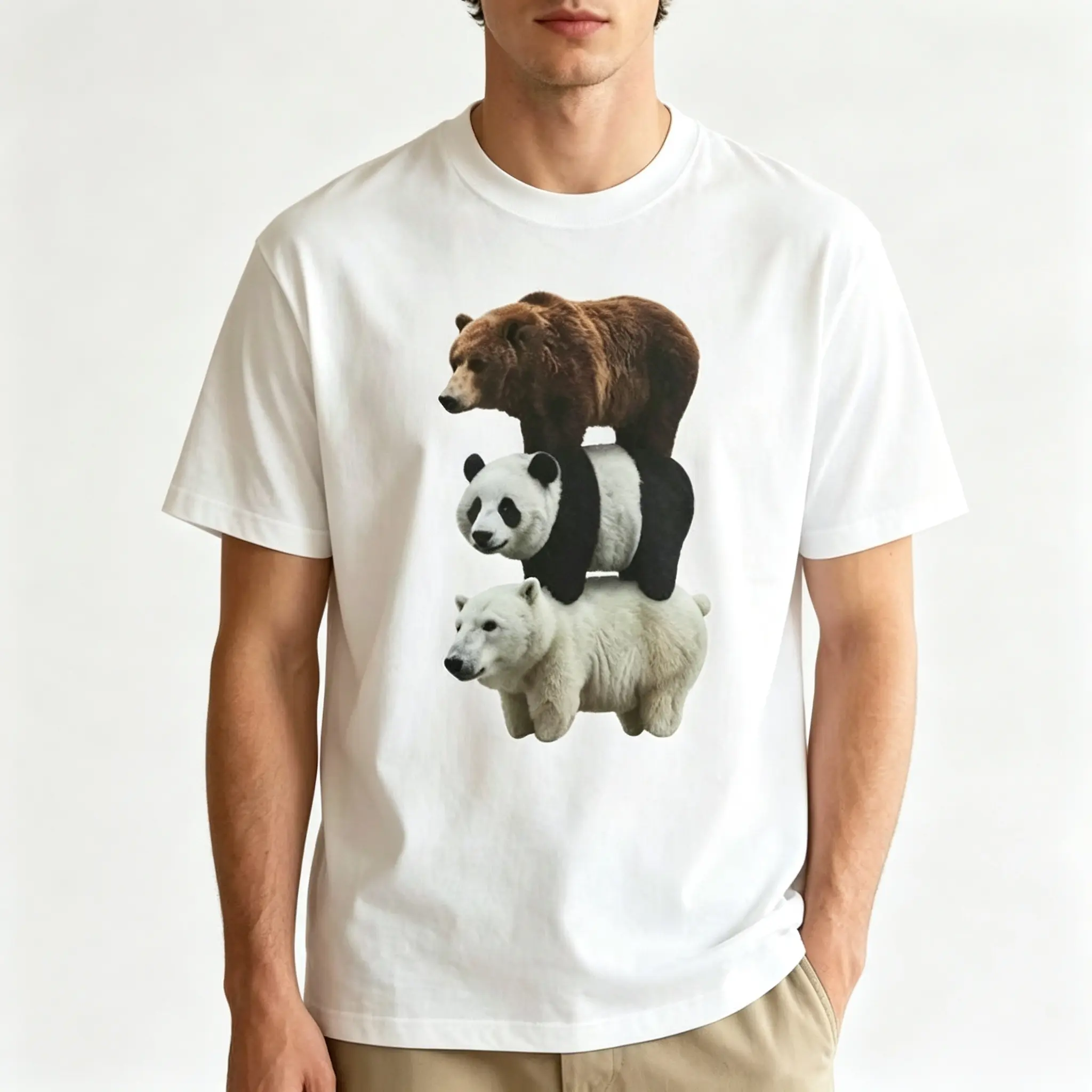 Natural Casual Streetwear White Soft Realistic Graphic T-Shirt - Stacked Polar Bear Panda Grizzly Bear Animal Print Top, Wildlife Lover Camping Gift For Him