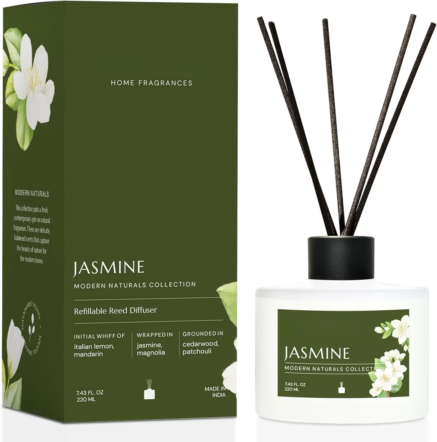 Reed Diffuser Set  Jasmine | 7.43 oz Refillable Scented Oil with 6 Fiber Sticks | Long-Lasting    Air Freshener for Bedroom, Bathroom, Office |   Decor