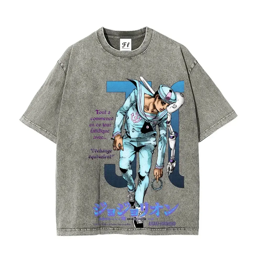 Men's Relaxed-Fit Graphic Tshirt, Aesthetic Retro Streetwear with Josuke Print, Heavyweight 230g Cotton Fabric with Ribbed Neckline, Fashion, Soft, Heavyweight Tee, Pure Cotton, Round Neck, T-Shirt, Graphic Print, Heavy Tee, Ribbed Crew