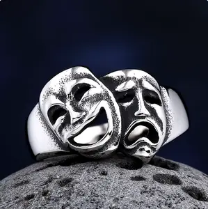 Retro 316L Polished Stainlesss Steel Smile & Cry Personality Ring (Size 6.75-13)