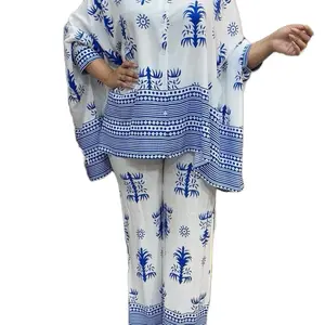Morocan Baggy Two Piece Set - Blue and White Floral Print Top & Pants for Stylish Wear