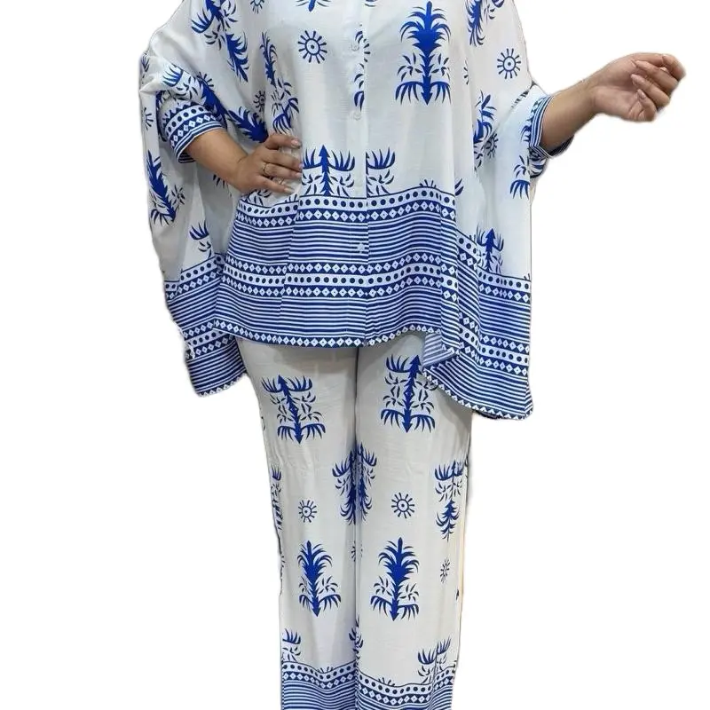Morocan Baggy Two Piece Set - Blue and White Floral Print Top & Pants for Stylish Wear