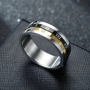 8MM Unique Men's Fashion Stainless Steel Rings Rotatable Roman Numerals Wedding Band Jewelry Engagement Party Steel Ring Gift