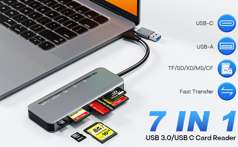 7 in 1 Memory Stick Pro Duo Card Reader, USB-C Multi Cards Reader for SD/TF/CF/MS/XD Cards, SD Card Reader for iPhone, Tablet, Laptop, Windows, Linux, Android, Camera, Game Track Camera