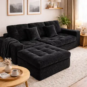 Niccae Modular Cloud Sofa Set, 105" DIY Sectional with Ottoman, Pure Foam, Faux Rabbit Fur Velvet, Comfortable Living Room Couch Black