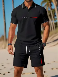 Men's Summer Thin Paris Letter Print Short-Sleeve Polo Shirt Casual Sports Suit Fashionable Leisure Vacation Fishing Camping Outdoor Top with Pockets and Elastic Waist Drawstring Pants Two-Piece Set Gift for Boyfriend or Husband Sporty Style