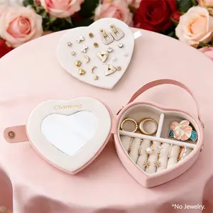 Heart-Shaped Jewelry Box, Portable Jewellery Organizer with Mirror, Earrings, Rings, Necklaces, Mother's Day Christmas Gift Valentine's Day