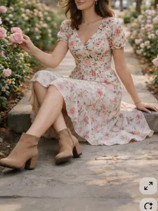 Women's Fashion Casual Floral Midi Dress, Slim-Fitting Short Sleeve Pullover, Geometric Design, All Seasons Woven Fabric
