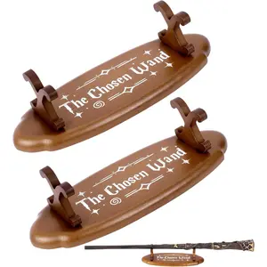 Wood Wand Stand Display - Magic Wand Holders with Foil Stamped Quotes - for Wizard Collection & Decoration, 5.4" L × 1.9" W × 1.4" H, 2-Pack, Brown