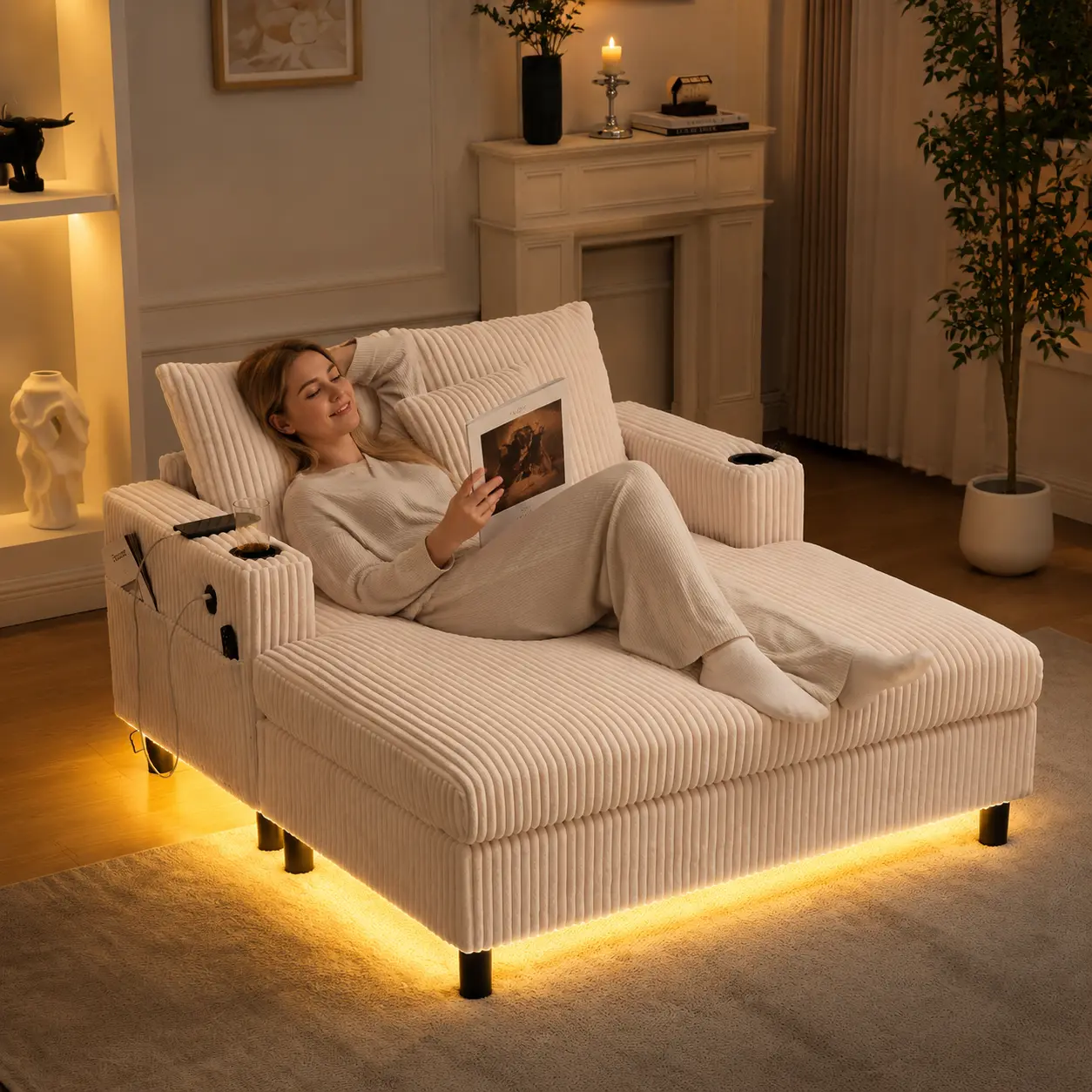 [2 Packages Shipped] 50-in 3-in-1 Folding Convertible Corduroy Sofa  - Modern Oversized Recliner with Deep Seat, 3 Pillows, USB Charging, RGB LED Light Strip, Cup Holder, Side Pocket - For Living Room, Bedroom foldable bed boneless chaise lounge chair, Fi