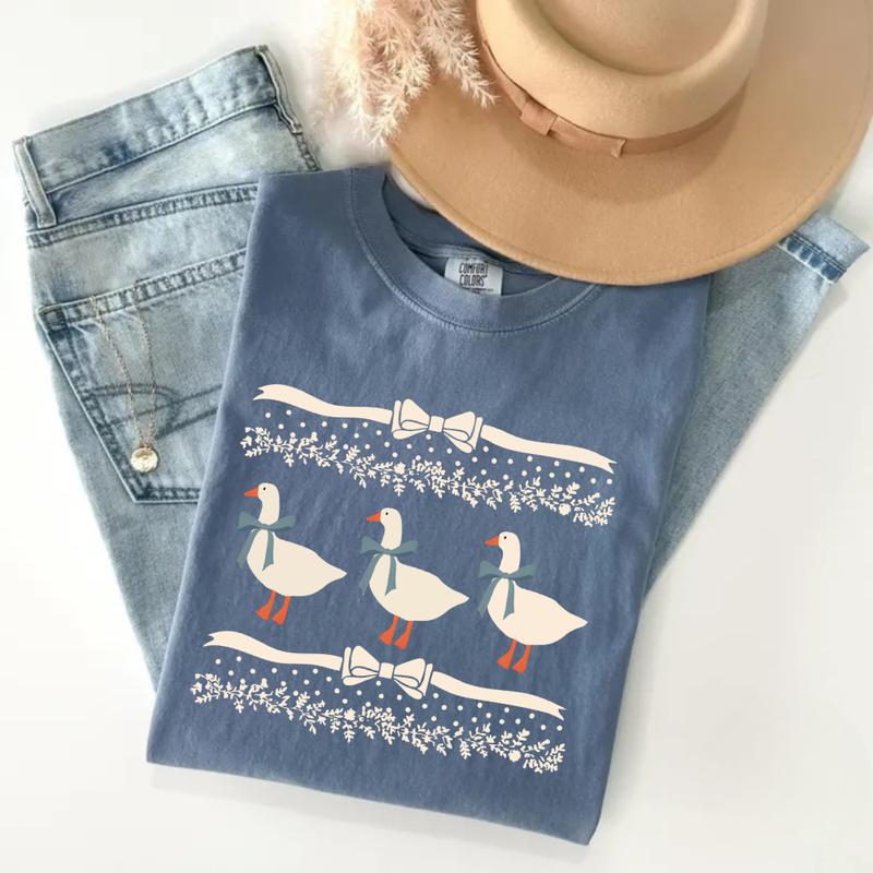 Comfort Colors 1980s Blue Ribbon Goose With Hearts Ugly T-Shirt, Original Shirt Bows and Adorable Doodle Hearts Animal Lover T-Shirt, Duck T-Shirt