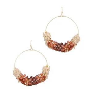 Reddish and Neural Flowered Earrings with Gold Hoop Design and Beaded Floral Accents for Women
