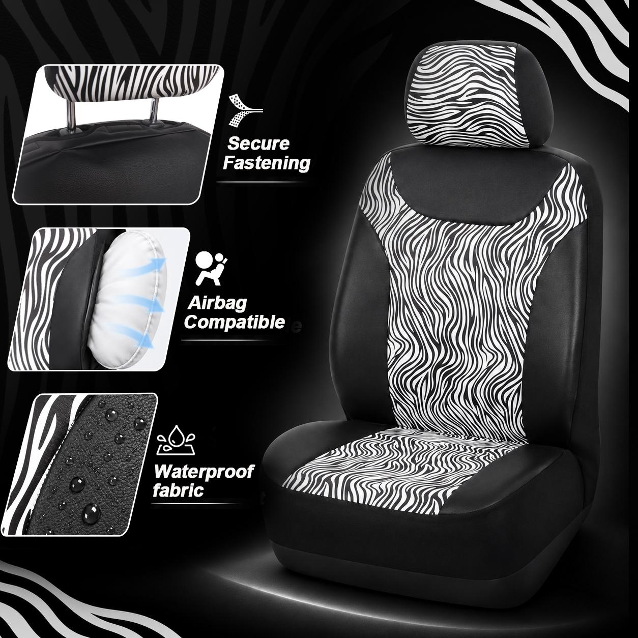 Zebra Print Car Seat Covers Full Set, 11PCS Car Interior Accessories Kit with Steering Wheel Cover, Floor Mats, Seat Belt Pads & Cup Coasters, Universal Fit for Cars SUVs Trucks
