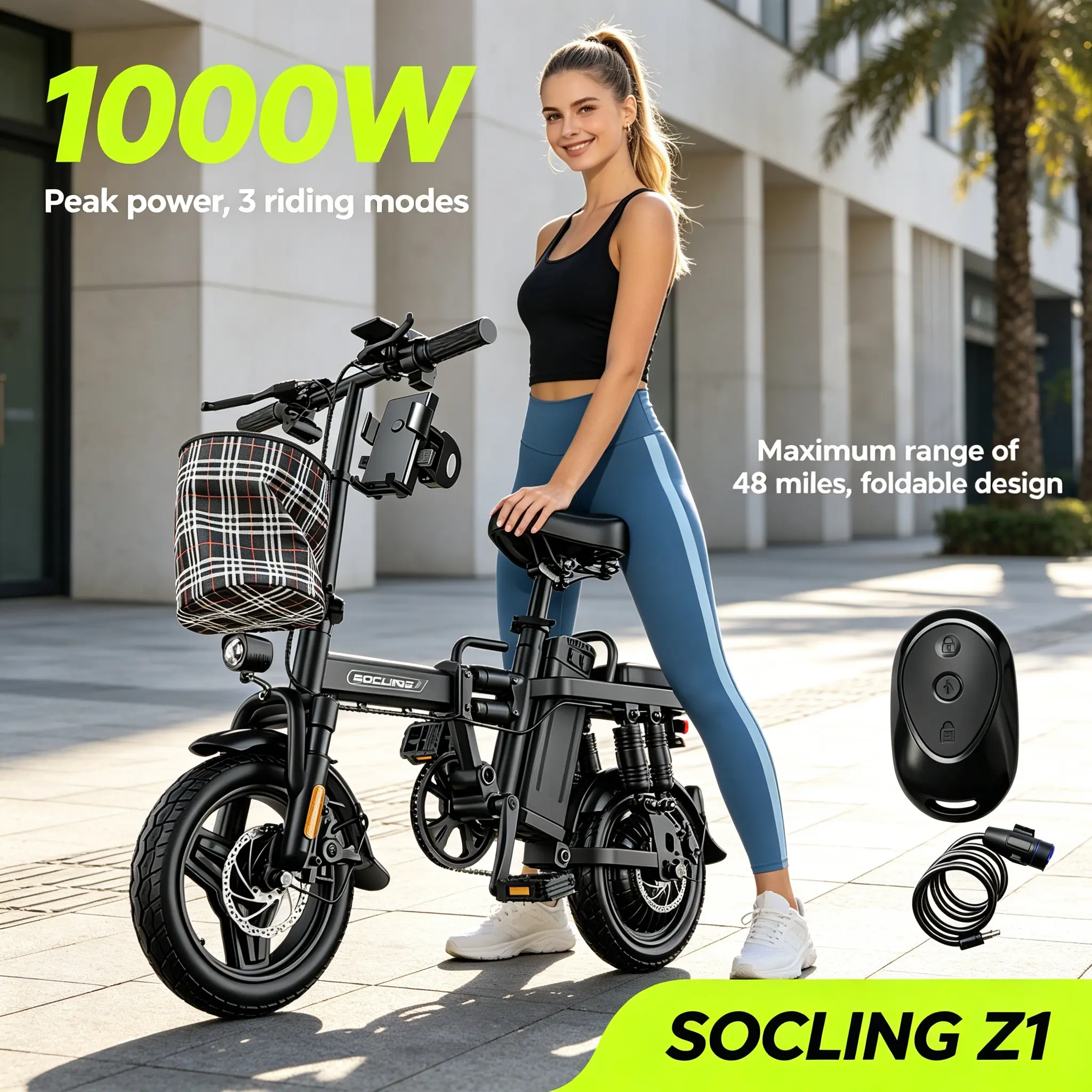 SOCLING Z1 Foldable Electric Bike, 3 Riding Modes Portable E-Bike with Basket, Anti-Theft Remote for Adult Daily Commute