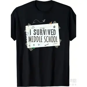 Humorous Survived Middle School Graduation T-Shirt 2025 Retro Graphic Tee for Men and Women Heavyweight Short Sleeve Shirt with School Icons Unisex Sizes Ideal Gift for Summer 2026