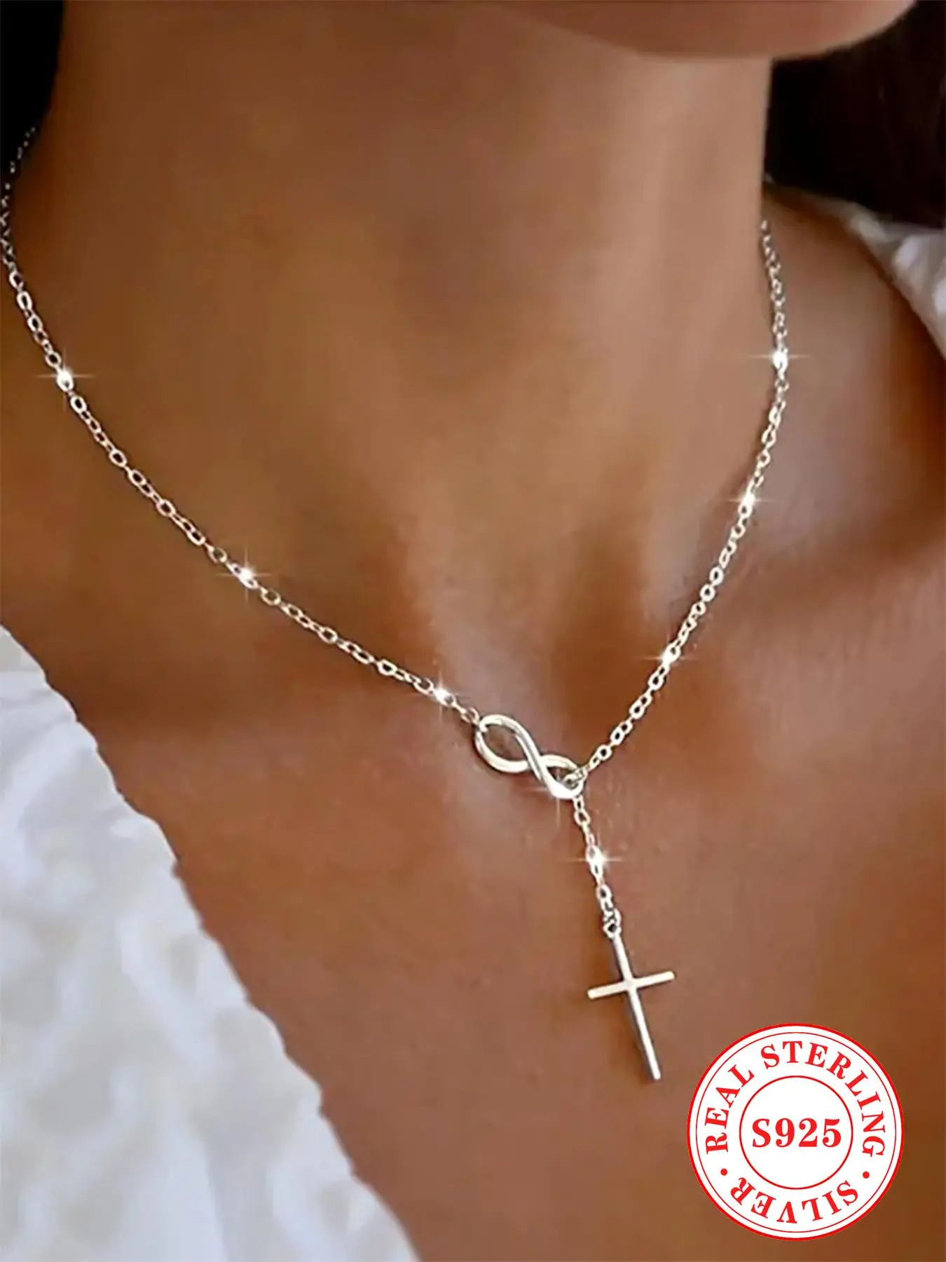 925 Sterling Silver Fashion Cross Charm Decor Adjustable Pendant Necklace for Women & Girls, Fashion Jewelry for Party, Daily Decor, Trendy All-match