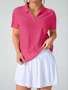 Women's Casual Sporty Polo Shirt, Solid Color Sportswear, Moisture-Wicking Breathable Base Layer Top, Short Sleeve Design for Active Lifestyle & Daily Wear, Athletic Top