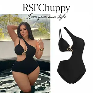 Trendy Plus Size One Piece Swimsuit Asymmetrical Cutout Monokini with Hardware Detail Curvy Tummy Control Bathing Suits Summer Beach Vacation