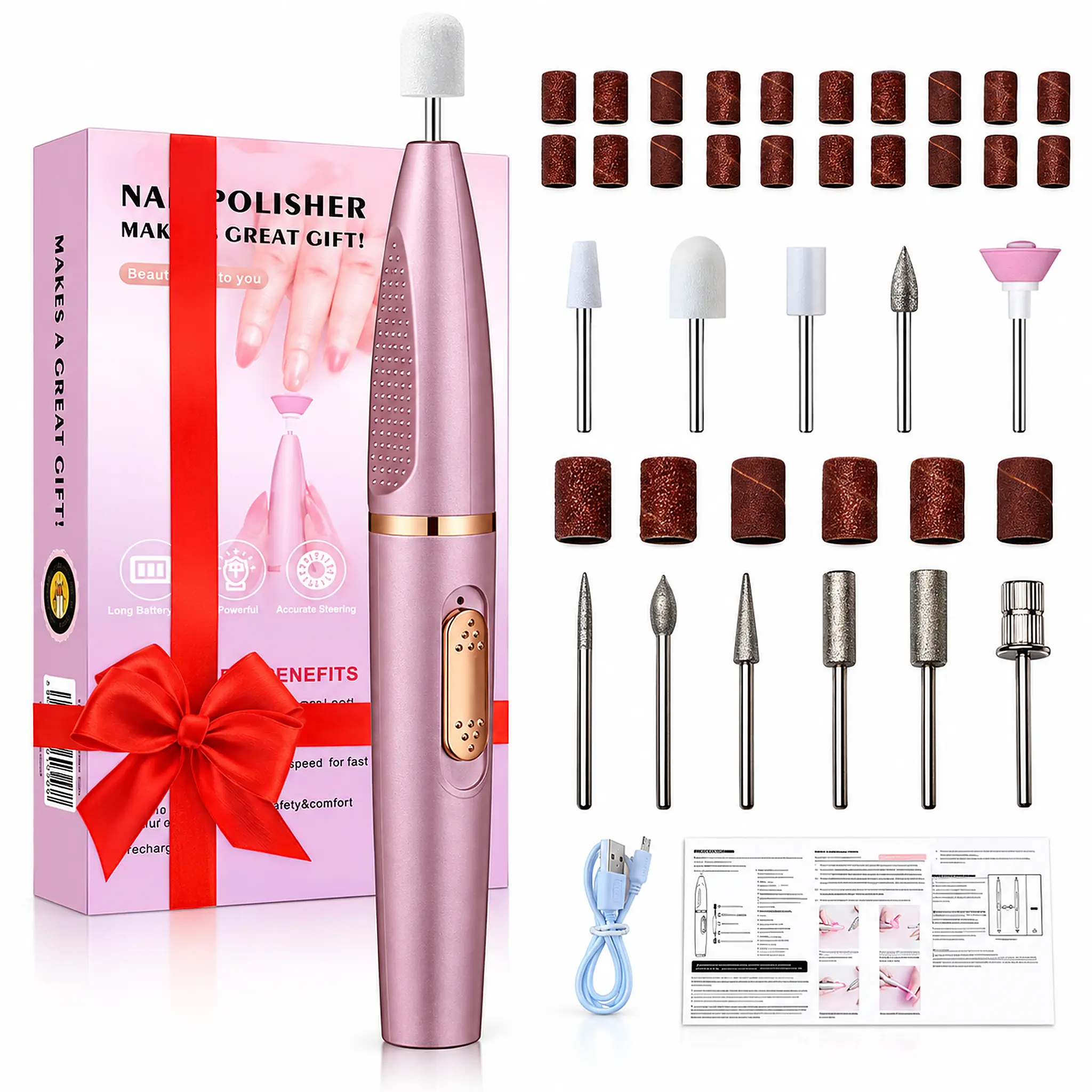 Professional Portable Electric Nail Drill Kit, Lightweight E-File Manicure & Pedicure Machine with Drill Heads and Nail Bits, 1 Set Nail Art Tool for Acrylic & Gel Nail Care, Home Salon Nail Tech Supplies- （Christmas Gift）