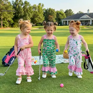 Baby Girl's Golf Print Jumpsuit, Sleeveless Square Neck Bell Bottom Romper, Skin-friendly Toddler Summer Outfit, Baby Girl Clothes, Bodysuit