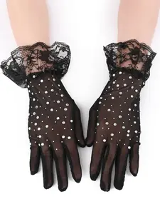 Elegant Lace Gloves with Rhinestones, Bow Design, Perfect Halloween Cosplay Accessory, Versatile Pure Color Lace Mitts