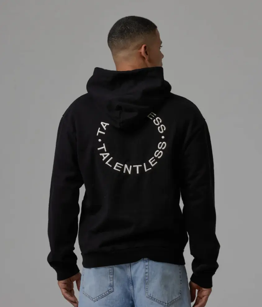 Talentless Mens Heavyweight Circle Logo Embroidered Hoodie Pitch Black and Bone Cotton Fleece Long Sleeve Pullover Casual Tops Sweatshirts