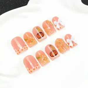 10 Square Handmade Nail Tips, Sheer Nude Orange Press On Nails with Hand-Painted Pumpkin Accents , 3D Flower & White Bow Decor,Polka Dot French Tips ,Luxury False Nails for All Occasions,Including toolkits