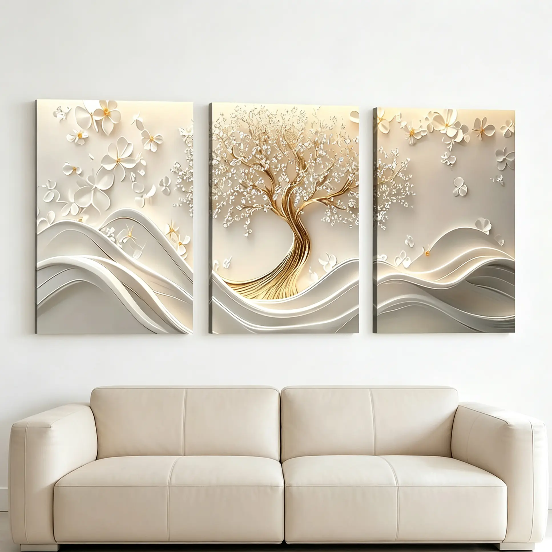 Modern  Relief Gold Tree of Life Canvas Wall Art, White Floral Abstract Print Painting Luxury Minimalist Flower Tree Wall Decor for Bedroom Living Room Kitchen Home Ornament