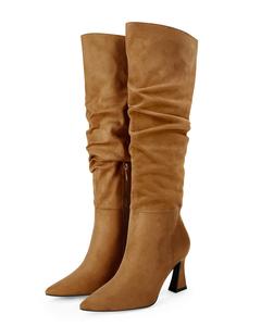 Piepiebuy Women's Slouchy Knee High Boots Wide Calf Pointed Toe Side Zipper Chunky Heel Long Boots Winter Shoes