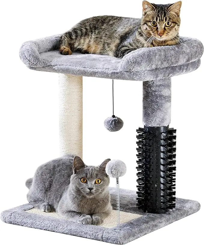 Made4Pets 4-in-1 Cat Scratching Post - 20" Tall Vertical Scratcher with Nail Board, Self-Groomer Brush, Perch Bed, Dangling Ball, Ample Space (3-in-1 Activity Center Alternative)
