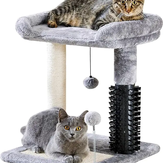Made4Pets 4-in-1 Natural Sisal Playful Scratching Post - 20in Tall Vertical Tower with Healthy Grooming Self-Groomer Brush, Cozy Perch, Rest Bed, Dangling Ball, Ample Space (Alternative to 3-in-1 Activity Centers)